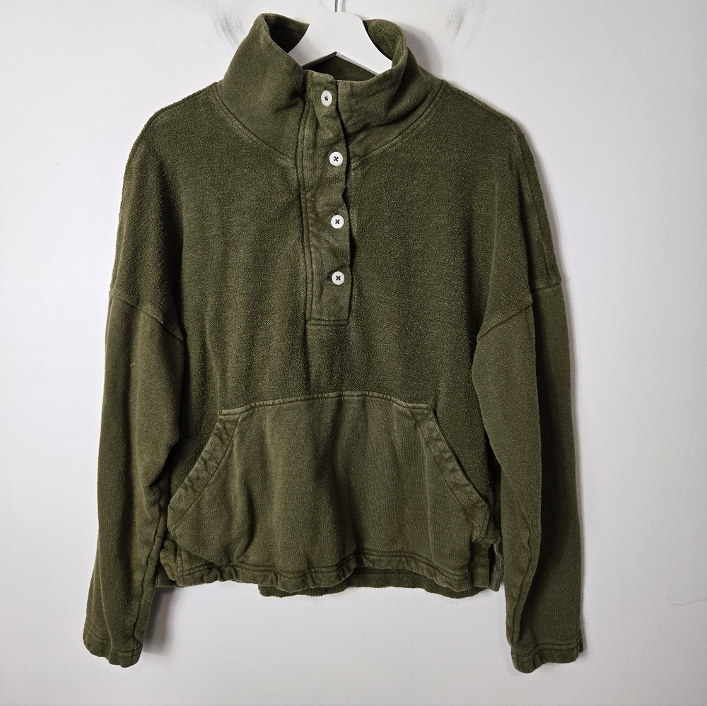 REI Olive Green Fleece Pullover Hoodie with Button Placket